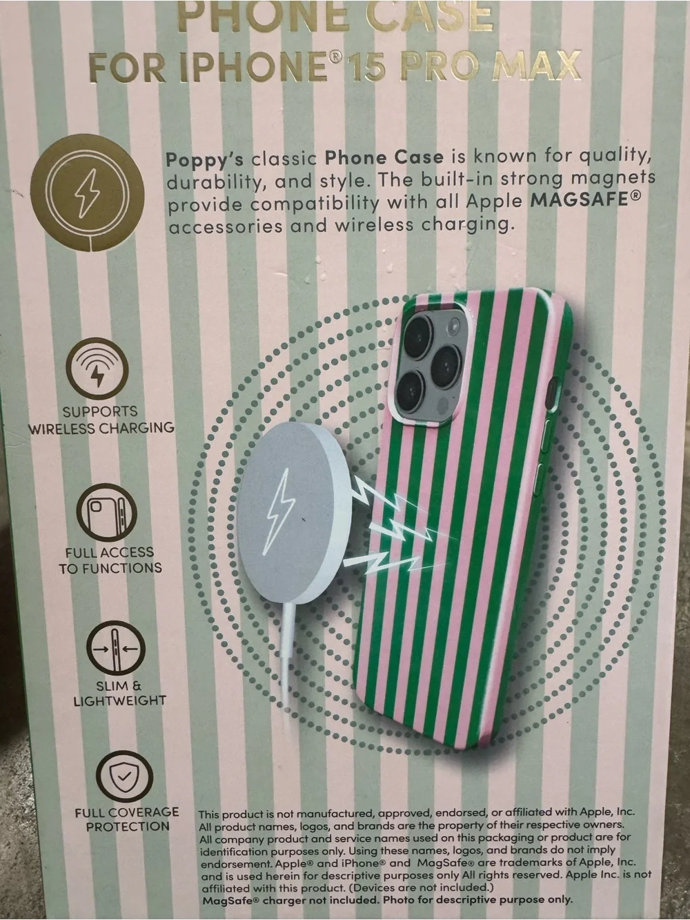 XO Poppy Striped MagSafe-Compatible iPhone 15 Pro Max Case - Pink & Green stripe